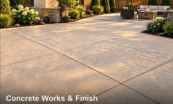 Landscaped concrete patio by DCS